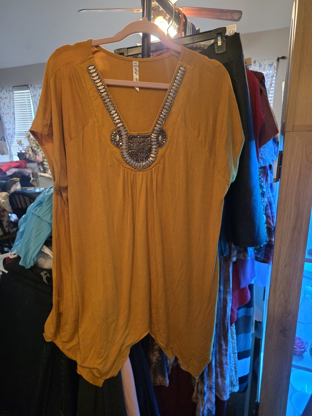 White Mark Mustard Embellished V-Neck Tunic